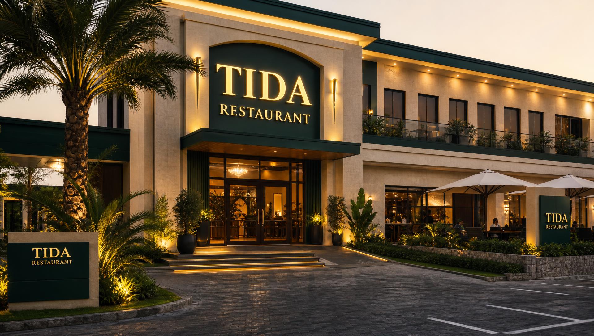 TIDA RESTAURANT building exterior at golden hour with illuminated gold signage