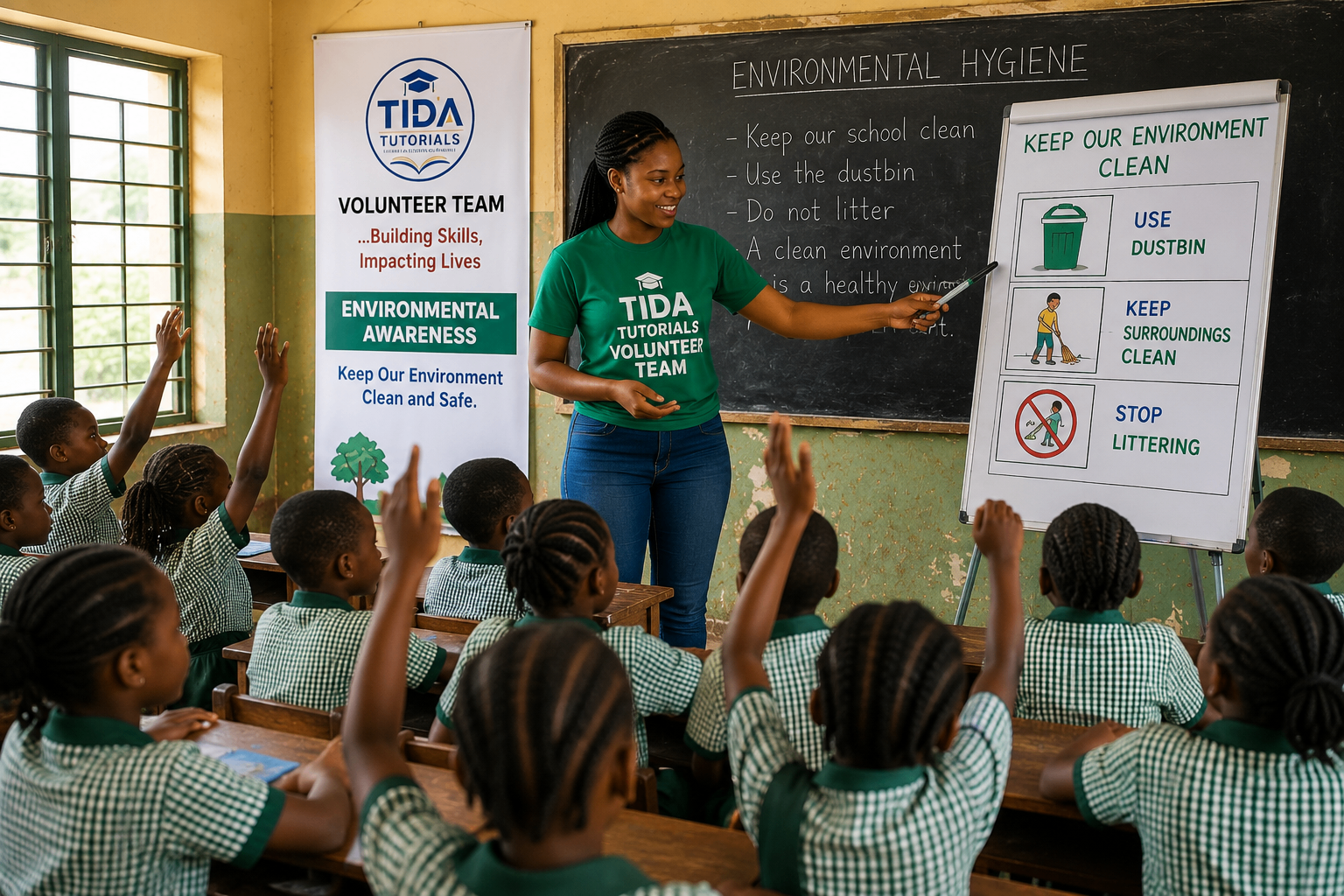 Environmental hygiene awareness class with pupils