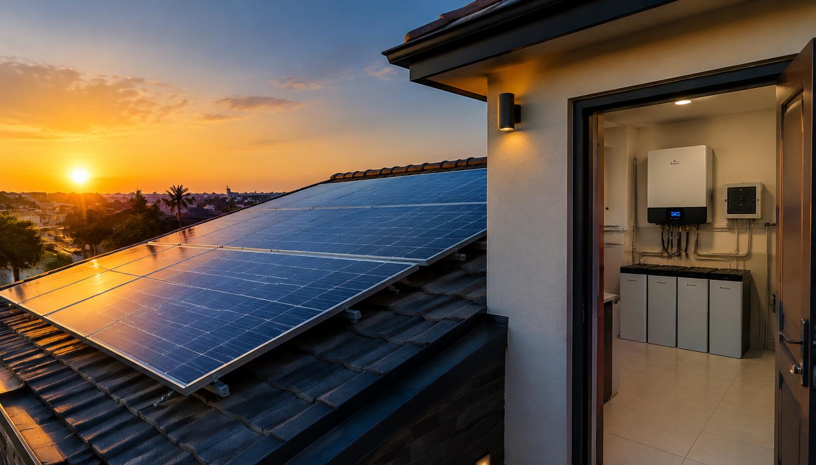 Solar panels on a rooftop with an inverter and battery bank